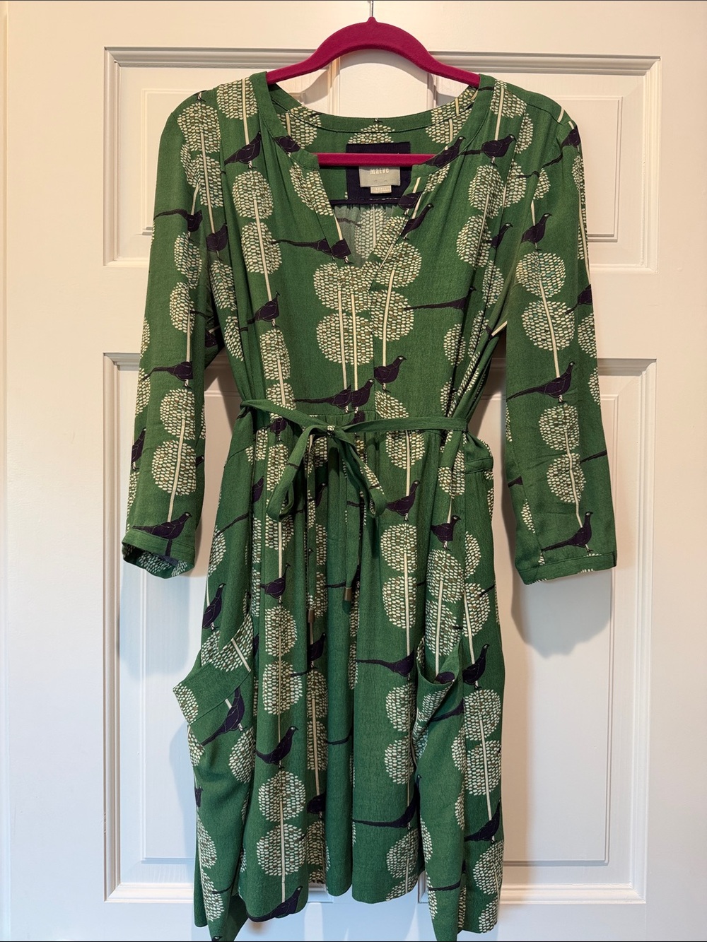 Maeve Green Printed Tie-Waist Long Sleeve Dress